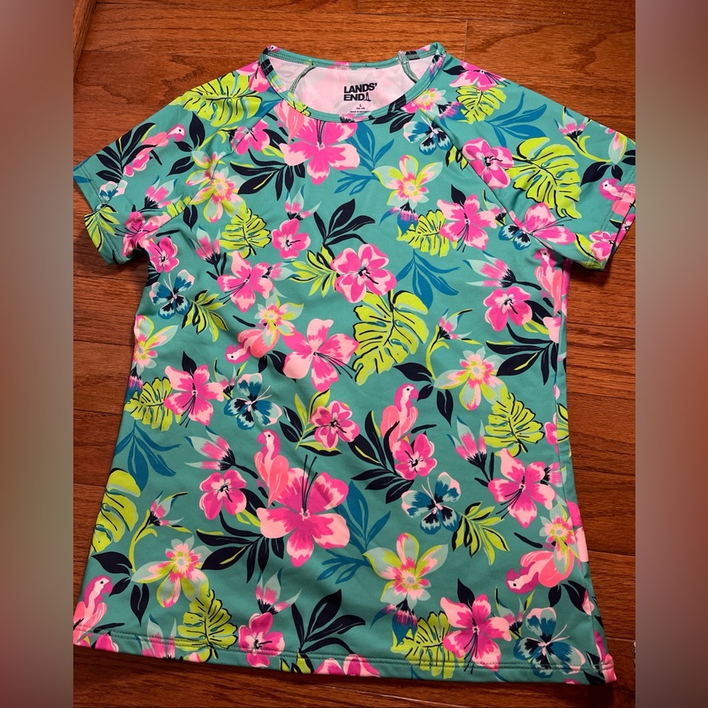 Lands' End Girls Floral Shortsleeve Rashguard, Size L (Slim)